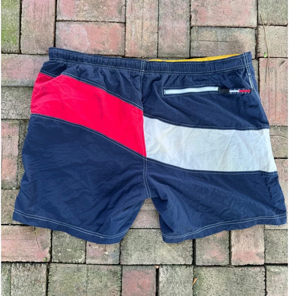 Tommy Hilfiger Mens XXL Colorblock Swim Trunks Navy Red White Vintage 90s Style